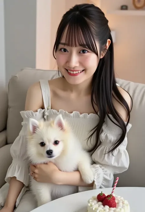 Woman Sitting on Couch 、A small white Pomeranian crawls on his lap。, The other side of the birthday cake ,  write a wish on the birthday cake ,  Celebrating a birthday , She is dark.,  white skin,  graceful face、Too  cute girl,  cute日本人の女の子, ,  with a plum...