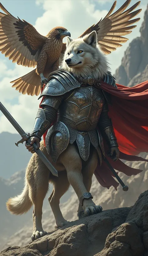 Picture a strong wolf and a bold falcon, both in battle armor. The wolf carries a sword, and the falcon soars above, ready to strike, representing unity and strength.