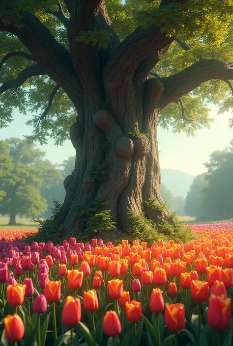 tulips around a large trunk Oak tree