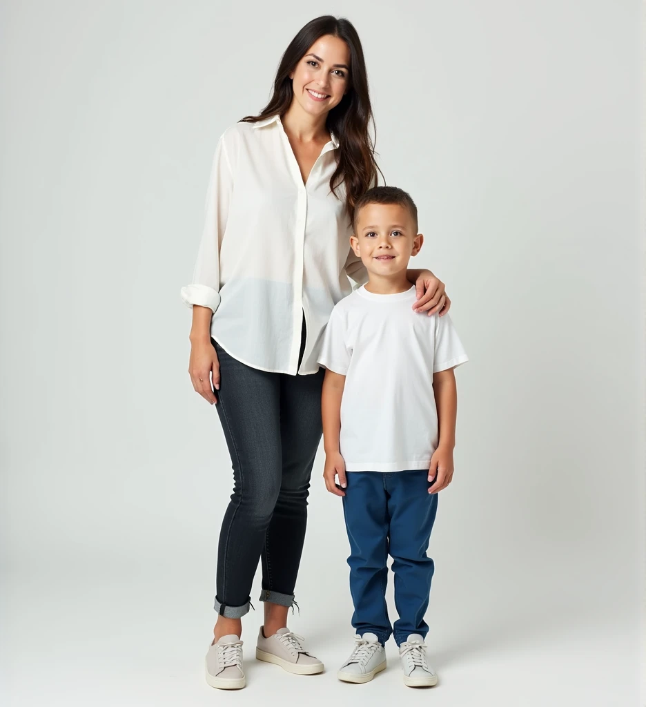 A smiling woman stands next to a 1. baby boy  both facing forward. The woman wears a white shirt and , paired with dark jeans. The boy,  is dressed in a white shirt and blue pants, with matching shoes. They are set against a plain, light background. full l...