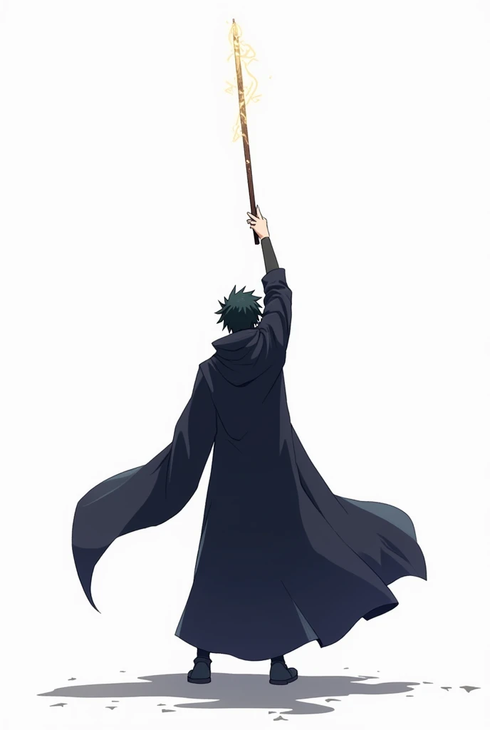 anime style, mage, back view, one wand raised in the air, white background