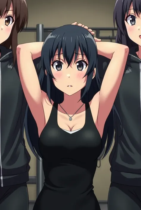 Anime medium shot of a beautiful with long black hair and a Tired expression. She is wearing a black tank top and has her arms up locked by two bulky women in thick jackets. The woman in the singlet is wearing a necklace and has short, dark hair. The two b...