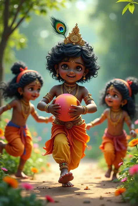 Krishna and his litel friends play ing. With  ball 