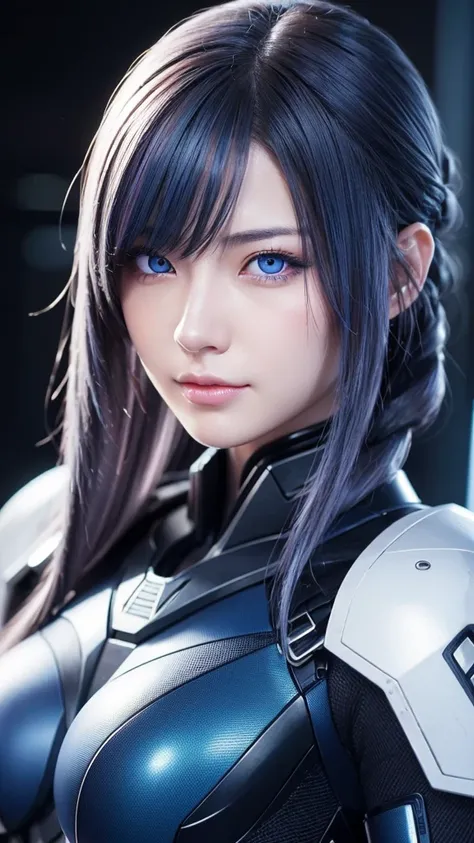  Japanese European woman ,  pretty face ,   random hairstyles  ,  RANDOM COLORED HAIR ,  blue eye color,  perfect, Fully clothed　 Big Breasts 　 high-detail eyes ,  Advanced Facial Details ,  highly detailed skin ,  tactical cyberpunk suit, Viewer&#39;s gaz...