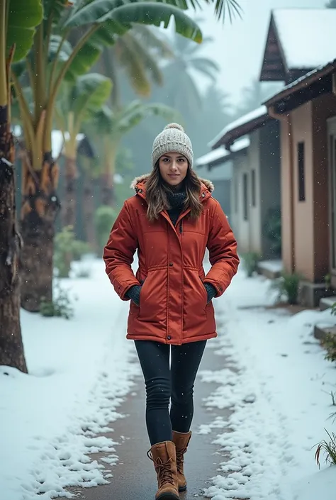  photoshoot of a beautiful Indonesian woman ,  wearing winter clothes ,  walking on a rural footpath in Indonesia, some simple houses of residents in the background,  surrounded by banana trees ,  guava tree and some tropical trees . covered in snow 