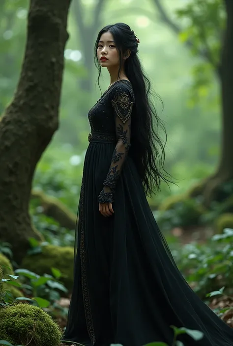 Long hairy Black dressed girl from asia, In the forest