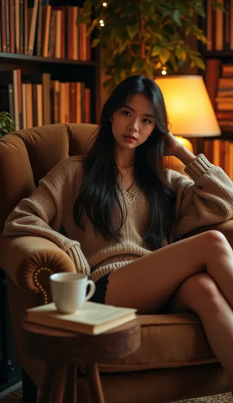 Under the dim, golden glow, a young Asian woman lounges on a plush velvet armchair in a cozy home library. Her long hair flows over the armrest like cascading silk, perfectly complementing her relaxed pose. She wears a chic oversized sweater draped over he...