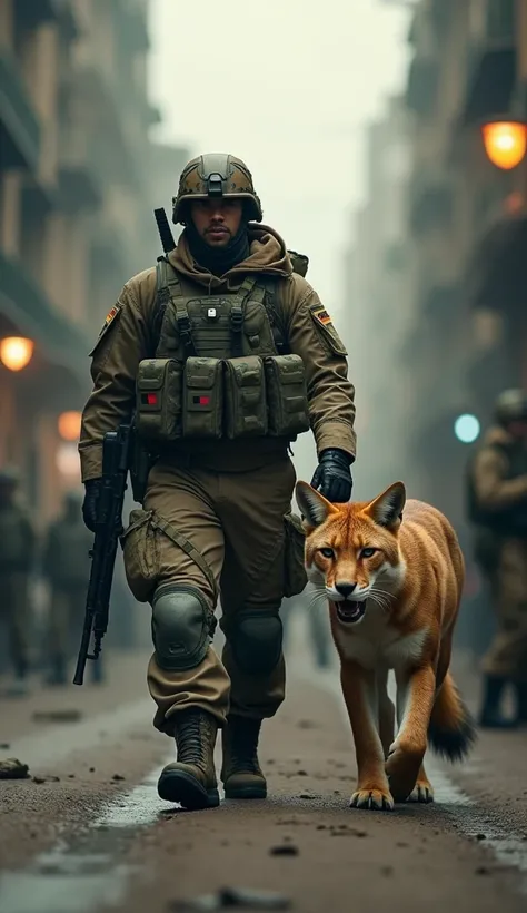 A soldier in tactical gear walking confidently toward the camera with a giant armored brown fox, armored of brown fox have small logo of country flag  , dramatic cinematic perspective, urban battlefield background, intense atmosphere, high contrast lightin...