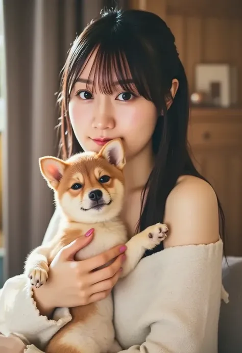  that woman is sitting on the couch ，Shiba Inu is crawling on her lap, Opposite birthday cake ,  write a wish on the birthday cake ,  celebrating her birthday ,  she says  ,  white skin,  beautiful three-dimensional face 