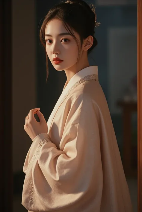 1 woman,Alone, Korea Joseon Dynasty Neat Hairstyle,Tailor-made stylish hanbok , realistic,lips,parted lips, cowboy shot ,night, blurry background,Zitome,Exquisite Korean Joseon Dynasty Background ,