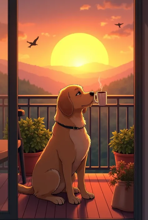 Dog drinking coffee sitting in the balcony at sunset