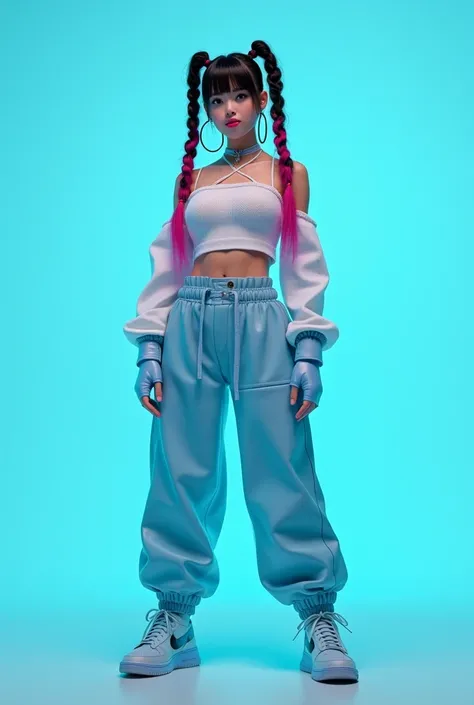 A realistic virtual kpop adult girl in two black and pink mixed stck hair colour, round face,wide lips, two high braided hair, wearing matt white off shoulder  net type crop top,  baggy pant,  matt sky blue waist belt and matt sky blue snickers, matt sky b...