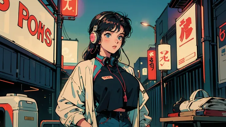 A summer night in Tokyo in the 80s .  Bob Hair Girl,  with colorful hair standing inside ,  Her curvaceous beauty was accentuated by revealing clothes and shorts..  Big headphones are hanging around her neck ..  Shes in her lovely room .. outside,  The fut...