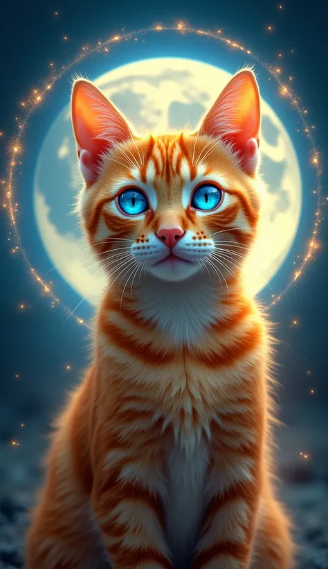 Cat Circle　 beautiful eyes、Orange cat 　Genuine　 Gold and Blue Light Spiritual Power 、 high res,  blue eyes,  Glitter Effects, Background Full Moon 、
