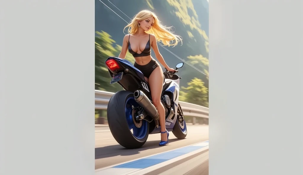 A girl is riding a YAMAHA MotoGP, glossy brown  GUI, small breasts, video, Yellow Hair,  inviting, top quality,  textured skin, 細い足 、ハイヒール