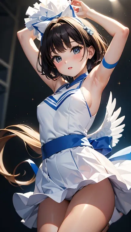  super high definition 、 real photo、( Extremely Detailed CG Unity 8K Wallpaper 、masterpiece)、(Best lighting、 best shadow、 very delicate and beautiful )、 ULTRA DETAIL、《 Apprentice Angel in a Pure White Cheerleader Costume：1.2》、《A petite adult woman with sho...