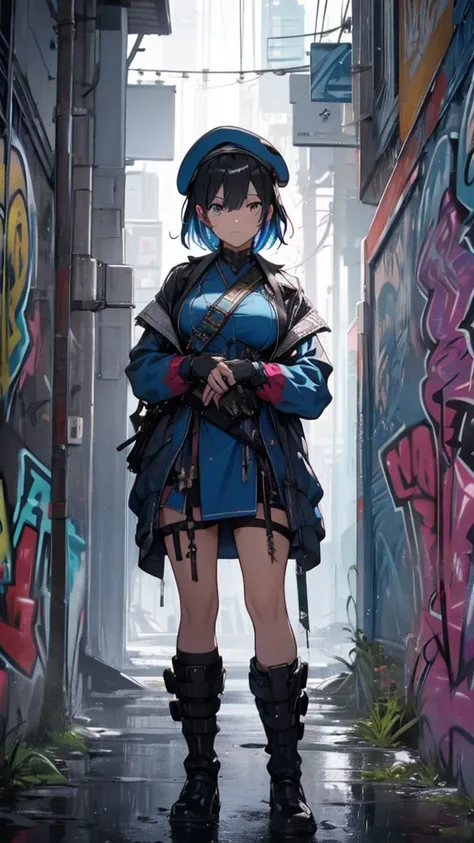 ((Beautiful black haired girl)),(( short hair ))(( Big Breasts :0.6)),  Tactical Boots  ,Futuristic gun,Rain environment,  high image quality,8k,  super detailed  ,  surreal(()),masterpiece,  cinematic lighting ,Dramatic lighting,  Dramatic Poses, High Def...