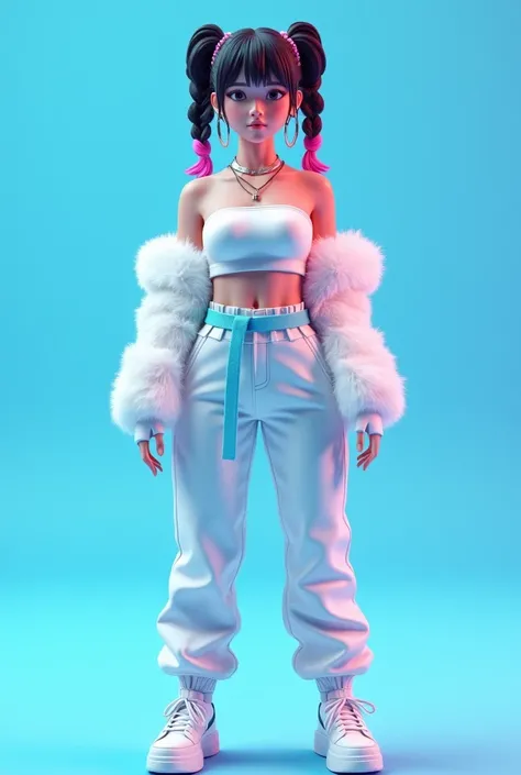 A realistic virtual kpop adult girl in two black and pink mixed stck hair colour, round face,wide lips, two high braided hair, wearing matt white off shoulder  fluffy type crop top,White leather  baggy pant,  matt sky blue waist belt and matt sky blue snic...