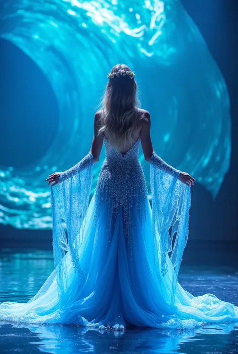 A mystical performer wearing a shimmering blue and silver dress, designed to look like cascading water, stands in the center of a vibrant stage. Her dress flows around her as if made of liquid, and her long, wavy hair is adorned with glowing pearls. The ba...