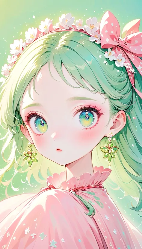  cute  has ria A pink and white embroidered ribbon is wrapped around the neck and a baseball bat is placed on the shoulders..  gradient green background , Red blush,  light green eyes ,  pink green reflective skirt ,  dotted green eye makeup ,  luminous ea...