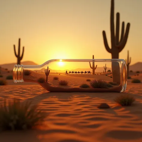  extremely hyper realistic natural photo of Desert at sunset inside a long and narrow bottle, with golden dunes ,  cacti and a camel caravan in the distance .