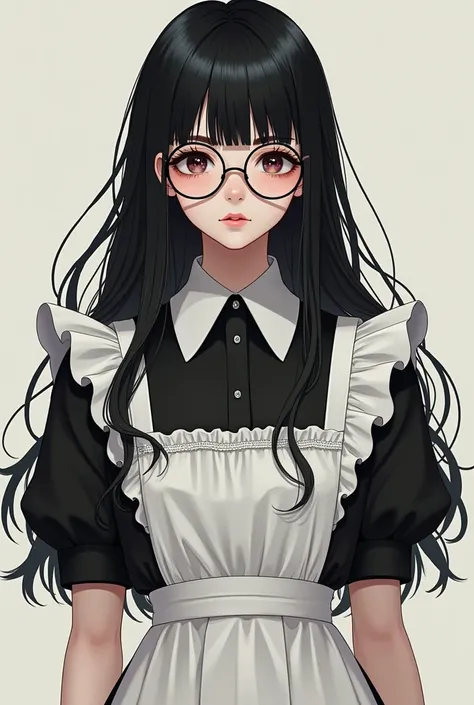 Make me a femboy with long black hair ,  wearing round glasses with a maid outfit, Dont be so feminine ,  and leave him with a thin mustache, as if it were a barcode 