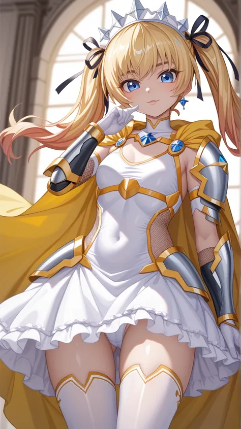 Taimanin、Ochibi、 cute、Young girl、 blue eyes、Blonde、 twin tails、  black ribbon、 cool、White high leg swimsuit、 white stockings 、 White Wedding Gloves 、 white body armor 、 Leg Armor 、 Princess Dress 、 headdress、 Arm Armor Gauntlet、 Yellow Full Harness 、Dress ...