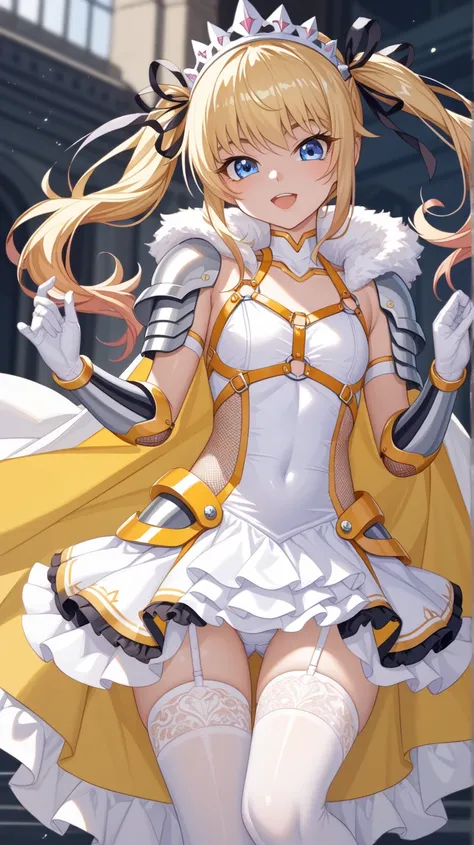 Taimanin、Ochibi、 cute、Young girl、 blue eyes、Blonde、 twin tails、  black ribbon、 cool、White high leg swimsuit、 white stockings 、 White Wedding Gloves 、 white body armor 、 Leg Armor 、 Princess Dress 、 headdress、 Arm Armor Gauntlet、 Yellow Full Harness 、Dress ...