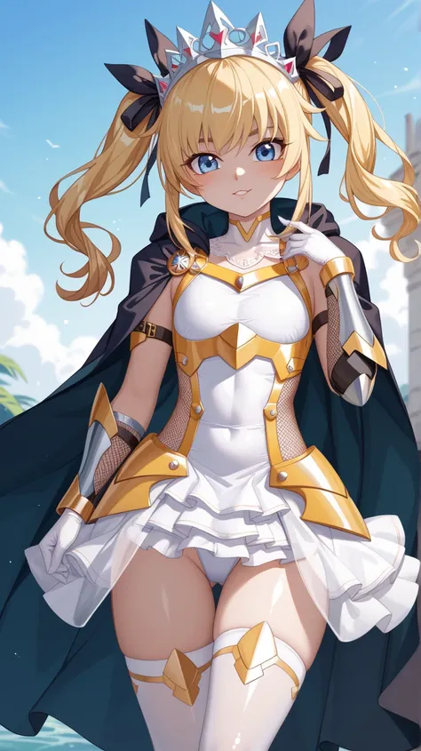 Taimanin、Ochibi、 cute、Young girl、 blue eyes、Blonde、 twin tails、  black ribbon、 cool、White high leg swimsuit、 white stockings 、 White Wedding Gloves 、 white body armor 、 Leg Armor 、 Princess Dress 、 headdress、 Arm Armor Gauntlet、 Yellow Full Harness 、Dress ...