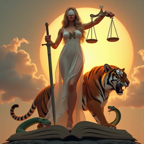  The Goddess Themis of Justice,  with a curvaceous body and showing her wide hips , and sturdy legs ,  and with long, wavy gold-colored hair , and wearing a white dress , and with soft and smooth skin ,  with the other hand and holding a long sword , and h...