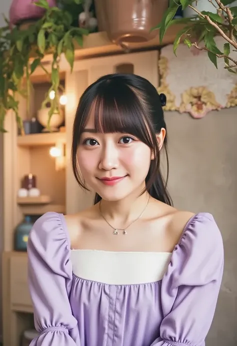 Medium size display, Mid Shot,  Depth of Written Boundary,  Bust,  upper body,  movie angles, masterpiece,  top quality ,  very detailed, CG, 8k wallpaper,  beautiful faces, Delicate eyes, Alone, smile,  cute、Purple Dress、 floral background 、