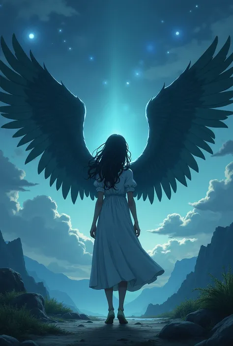 Create a Ghibli animation for the cover of the novel with the title with the one-winged woman and meet the two-winged man who holds his hand to fly and make the environment and cinematic pictures look more dark and sad