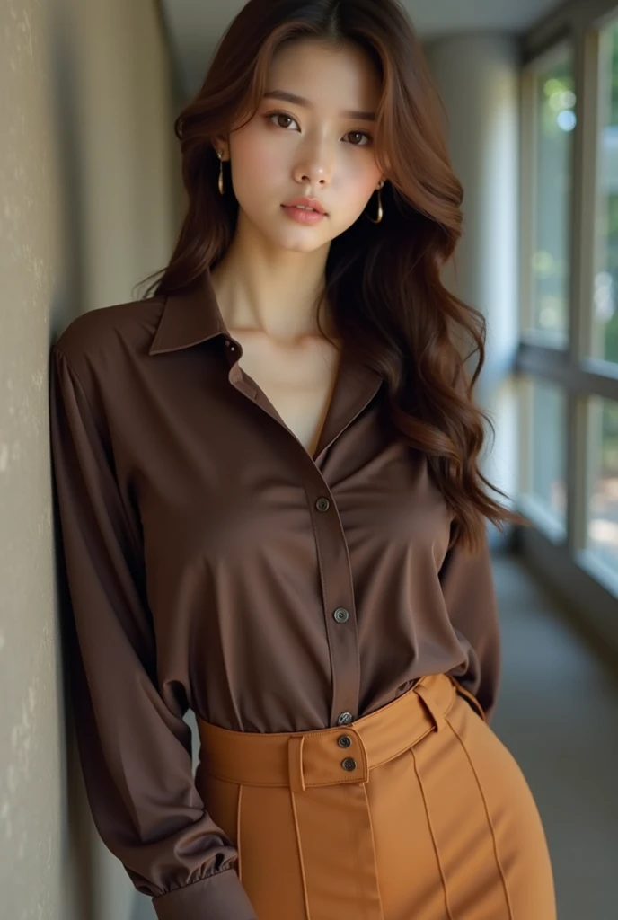 beautiful teenage woman, beautiful face typical of Korean artists, pure white skin, big breasts, big buttocks, sexy body with full proportions, sexy body, wearing a dark brown office blouse and long caramel colored skirt, wearing high heels, tall, flawless...