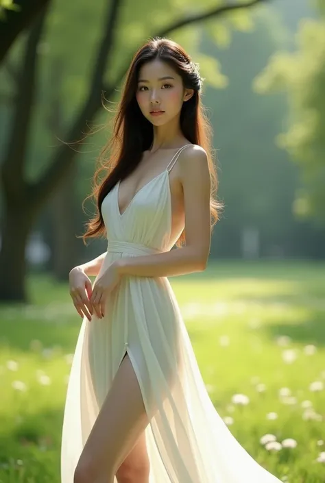 Beautiful asian woman in white dress， Long Legs，Outdoor Park