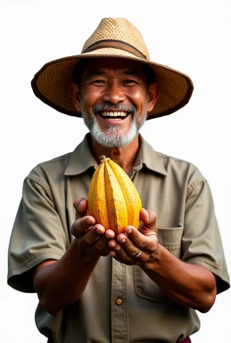 Realistic image of Thai male farmer wearing hat having fun smiling cocoa pod mobile white background