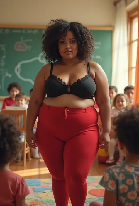 A chubby Bbw woman in only panties and bra 
Thread high waist panties 
Bulging bra 
Red panties 
Black bra 
Big belly 
Big boobs 
In a classroom teaching the s, The living room is full of ren 
Super realistic 