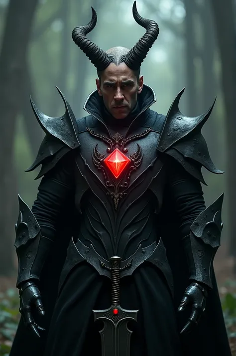 Nicolas Cage, a horned demon wearing black iron armor with a small red diamond, has a laser sword stuck in his chest.