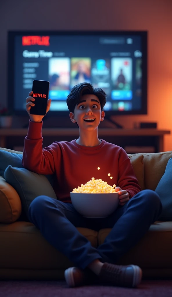 The same young man sitting on a couch in a dimly lit living room with a bowl of popcorn in his lap. He holds up a phone with the Netflix logo visible, and theres a spark of excitement in his eyes. The TV screen in front of him shows a list of shows, illust...