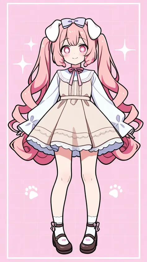  twin tails,  gradation color hairstyle , Curly Hair,  light pink and light blue half 、 One girl , alone,  smiles, ribbon,  detail , Droopy dog ears, Droopy eyes,  eyes sparkle,  white dog footprints inside pink people 、Symmetrical, Character portrait, Hea...