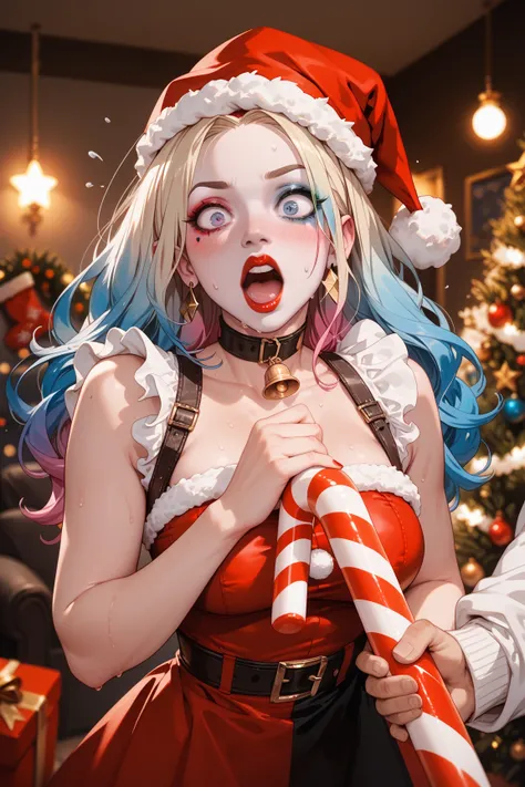 1girl, Harley Quinn is on he back masturbating with a thick candy cane, sexy Ms. Claus outfit, Santa hat, surprised expression, aroused expression, o face, panting, sweating, Christmas themed background