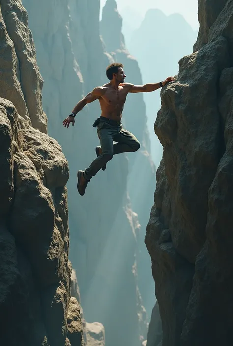 Man jumping from a rock to another rock