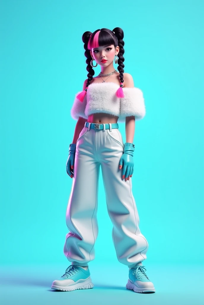 A realistic virtual kpop adult girl in two black and pink mixed stck hair colour, round face,wide lips, two pony tail braided hair, wearing matt white off shoulder  fluffy crop top,white lather  baggy pant,  matt sky blue waist belt and matt sky blue snick...