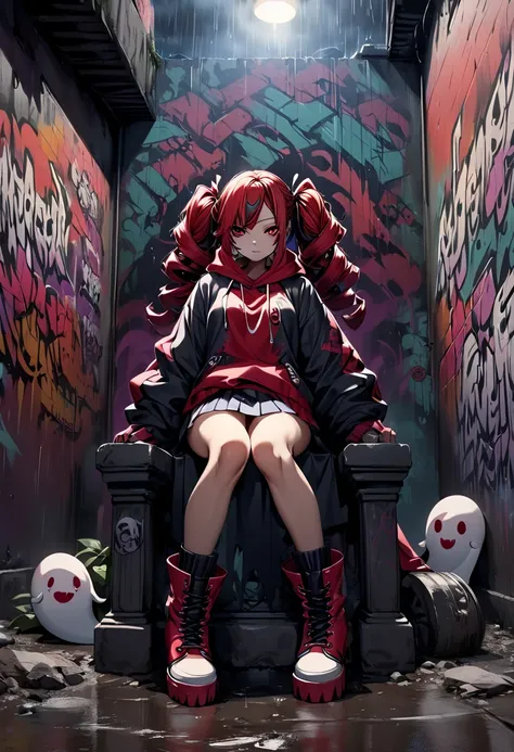 "ghost woman, hip hop, katana (broken), intricately patterned dreadlocks, pigtails, sitting on a throne, intricate tattoos, full body, boots, short skirt, flashy, leaning, bright red, hoodie, graffiti mural background, rain, night, dramatic, eerie atmosphe...