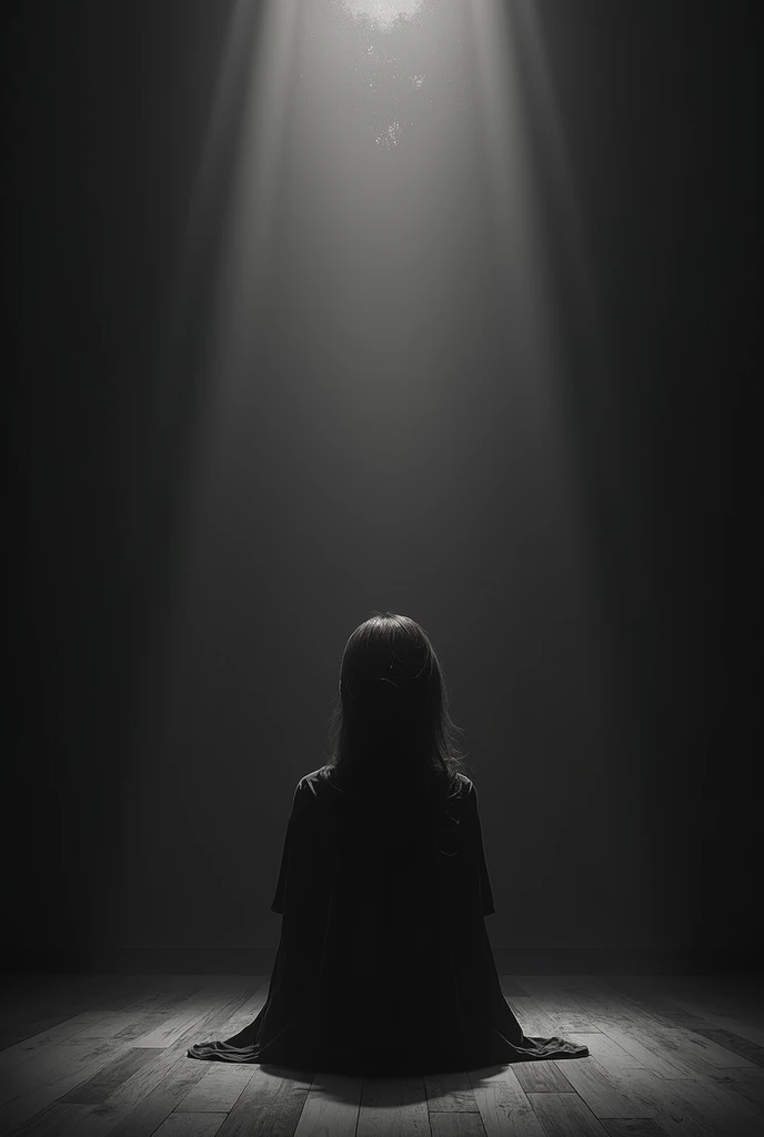 /imagine prompt: Realistic, personality: [Visualize a poignant monochrome scene of young Raven sitting alone in a stark, dimly lit room. Her eyes reflect a deep pain, as she remembers a faint image of a family dinner filled with laughter. The memory abrupt...