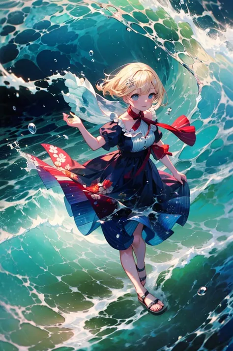 (8k,  super high quality , masterpiece:1.2),  super high res,  one woman,  cute,  small breasts,  blondes, Navy Blue Dress, Red floral pattern, Sandals, whole body, soaked,  like a ,  best smile , sea, sea水浴, Water Drop, whole bodyにWater Drop,  their chest...