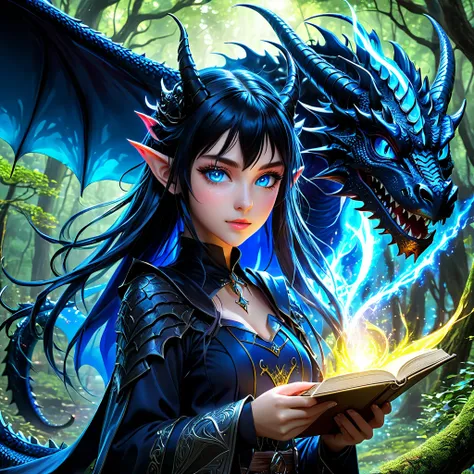  an Isekai anime-style image of a dark magical fantasy world with anime characters, Dragon Girl anime , Elvish girl anime ,  dark forests , Flying Black Dragon , Powerful demon girls casting dark magic, neon blue eyes,  beautiful professional anime illustr...