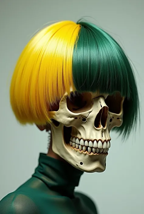 A skull with a yellow and green bob on the head