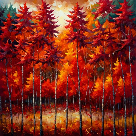 autumnal forest with red leaves, lush forest with vibrant red trees, burning forest with red trees, beautiful autumn landscape with red trees, stunning oil painting of a forest in autumn, colorful forest with swaying trees, moody forest with dramatic light...