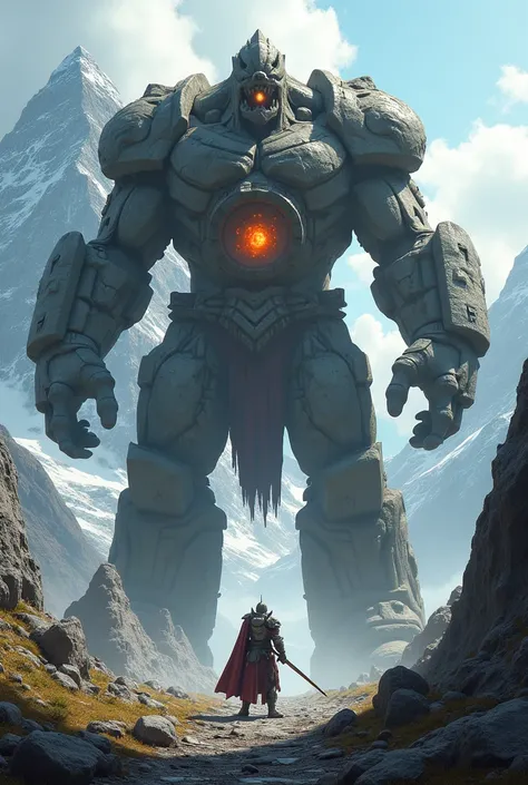 A huge rock giant standing between two mountains and a small soldier standing infront of him