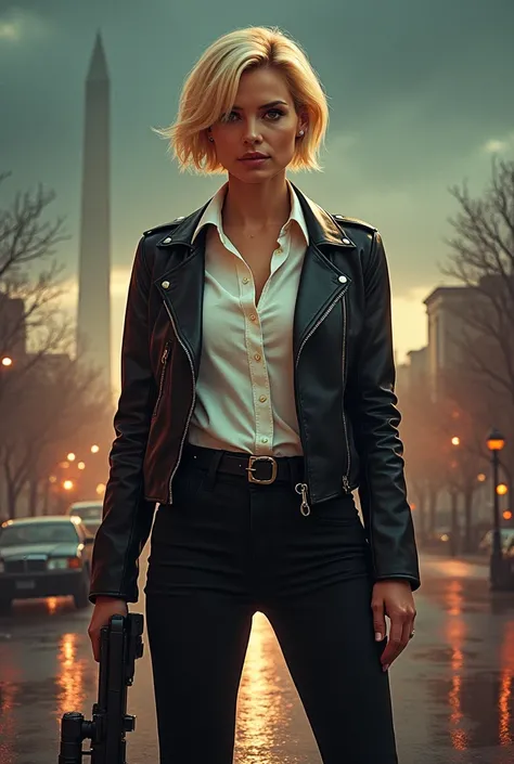 30 Year old female with blonde Short hair wearing a white shirt with black pants and black leather jacket holding a gun at her side Washington DC as a background with a rifle scope cover in a movie poster style with the title The Long Kiss Goodnight in fro...